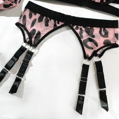 Wild Leopard Print Mesh Hollow Lingerie Stockings Set