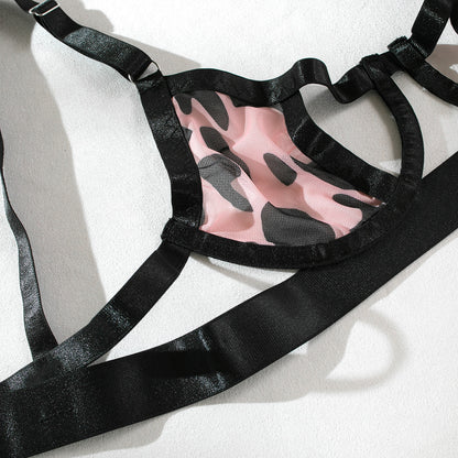 Wild Leopard Print Mesh Hollow Lingerie Stockings Set