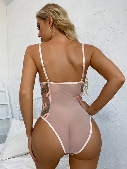 Pink Butterfly Embroidered Sheer Mesh Teddy Lingerie