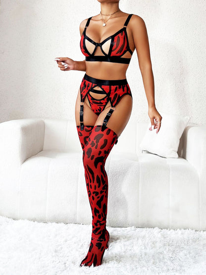 Wild Leopard Print Mesh Hollow Lingerie Stockings Set