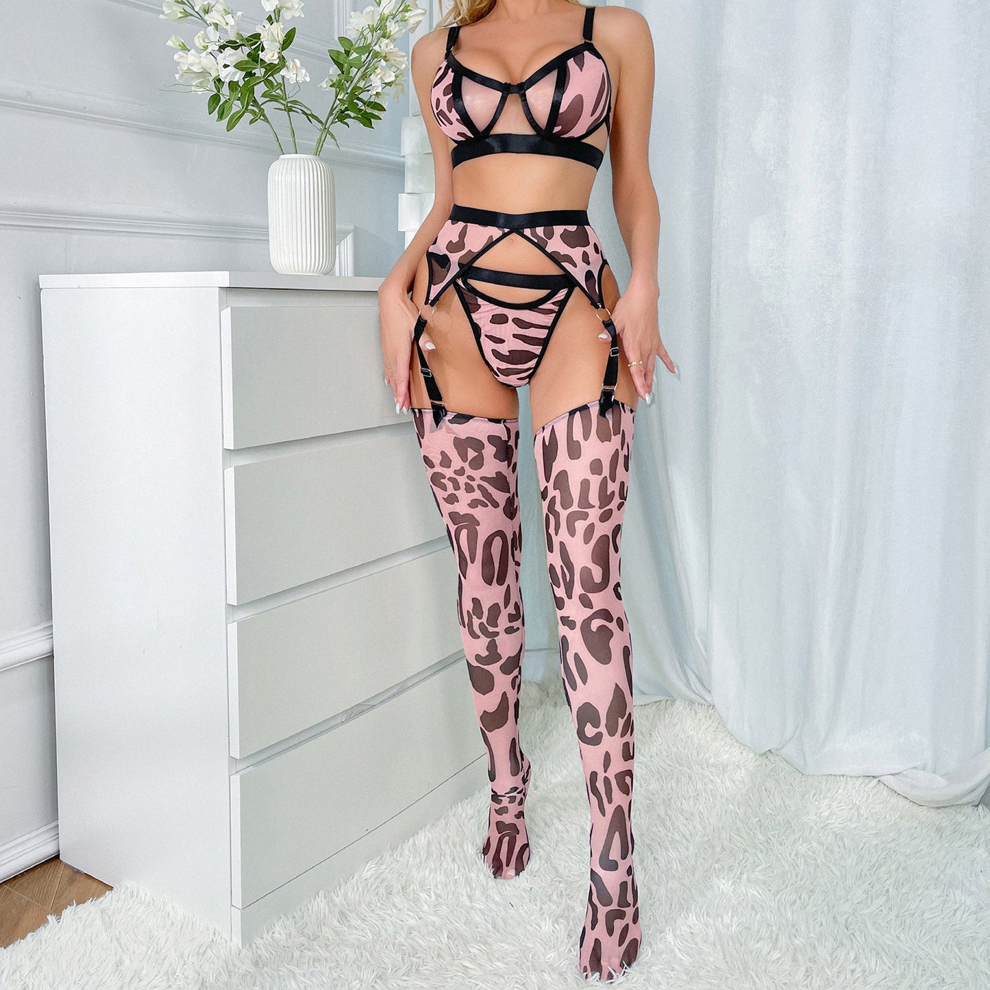 Wild Leopard Print Mesh Hollow Lingerie Stockings Set
