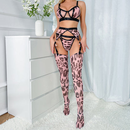 Wild Leopard Print Mesh Hollow Lingerie Stockings Set